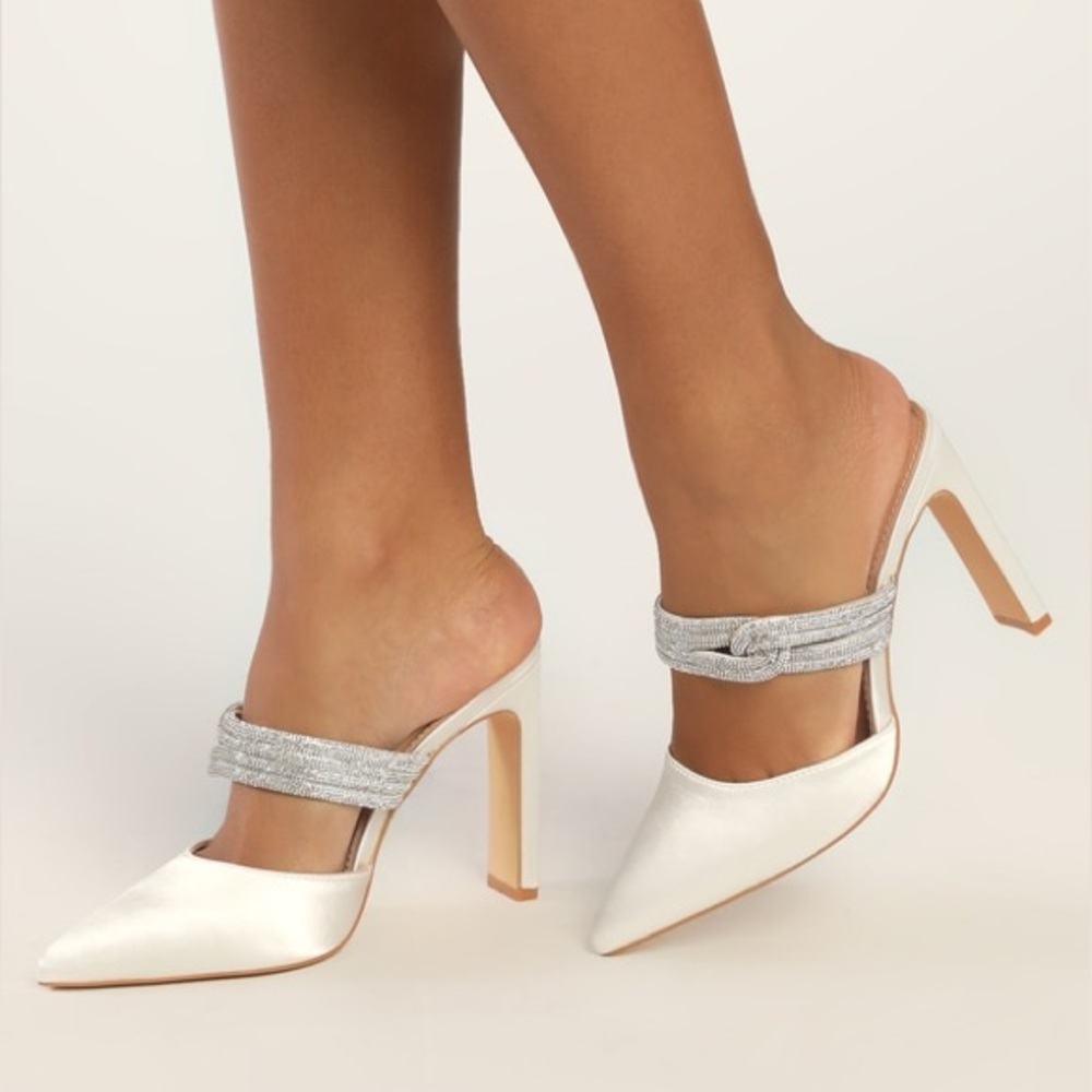 Celines White Satin Rhinestone Pointed-Toe Mule Pumps Lulus